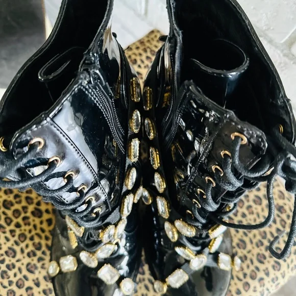 Wild Diva Black Patent Leather Gemstone Boots - Picture 3 of 16